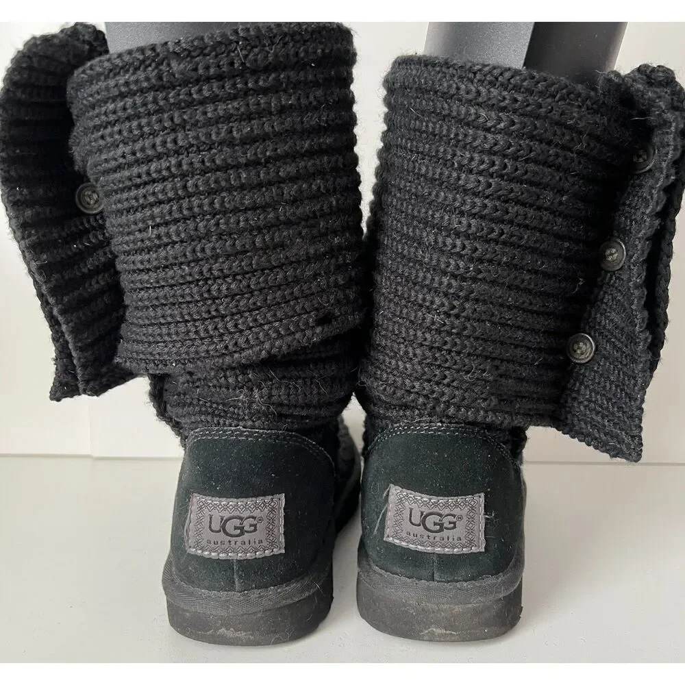 UGG Classic Cardy black foldover knit boots with buttons. Size 8.